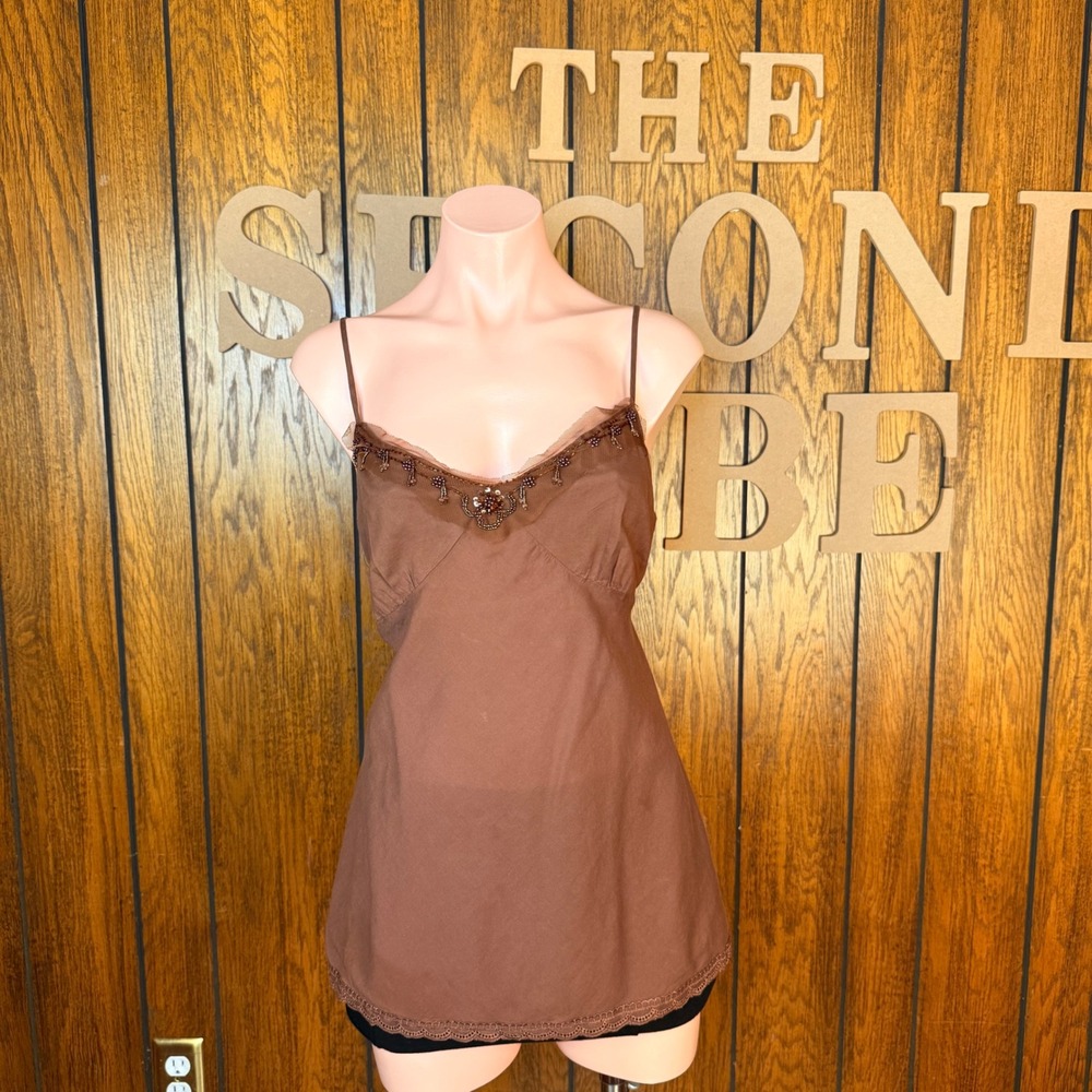 Sweet Tarts Cami Top Womens Medium Brown Beaded Lace Trim Cotton Y2K Boho Fairy
